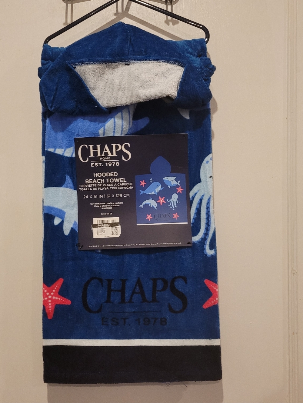 NWT Chaps Blue Adult Size Hooded Beach Towel Dolphins Whales Starfish